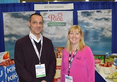 Michael D'Arrigo with D'Arrigo Bros. of New York visits Jill Hughey with Rice Fruit Company in the Rice Fruit booth. 